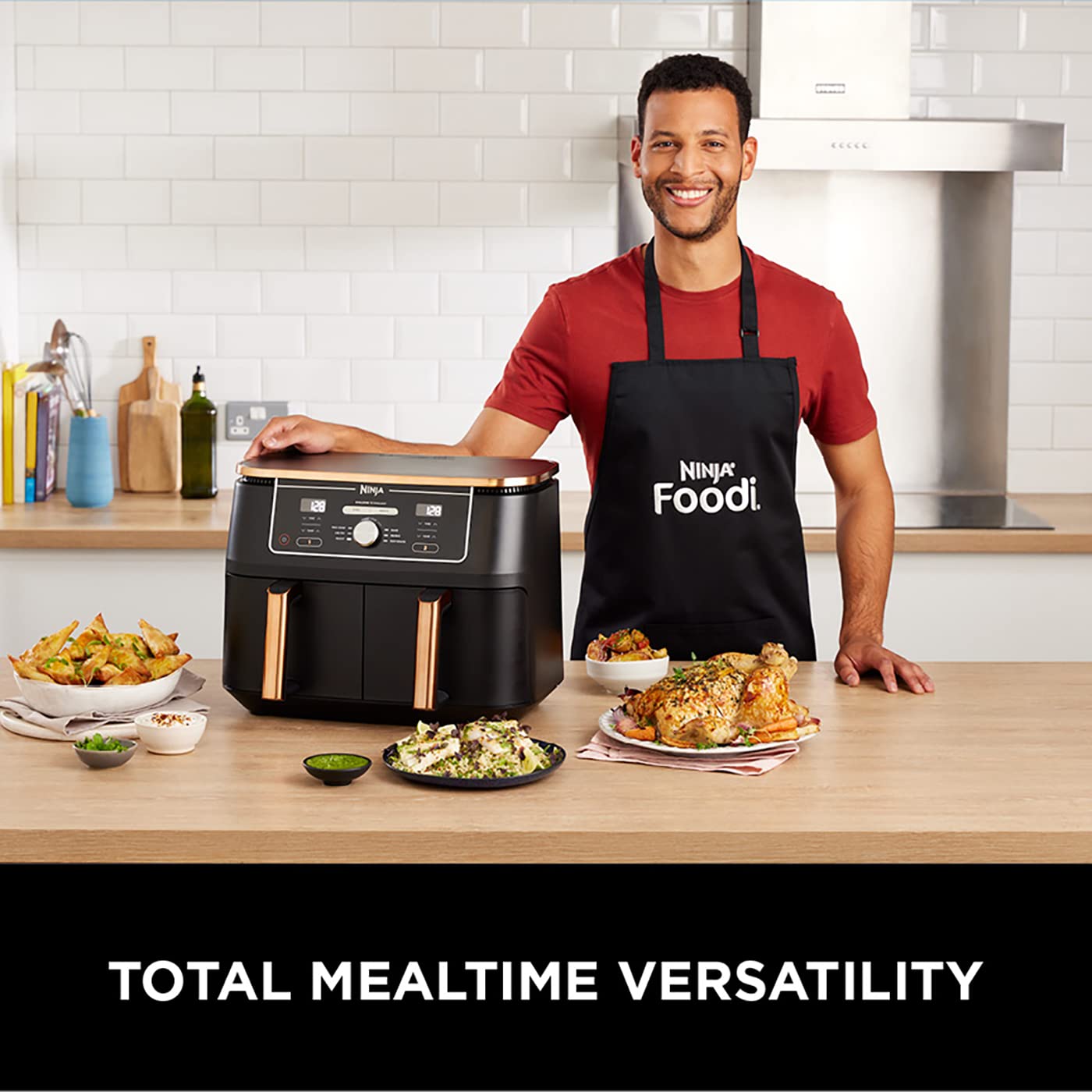 Ninja Foodi MAX Dual Zone Air Fryer, Amazon Exclusive, Tongs, 2 Drawers, 9.5L, 6-in-1, Use No Oil, Air Fry, Max Crisp, Roast, Bake, 8 Portions, Nonstick Dishwasher Safe Baskets, Copper/Black AF400UKCP