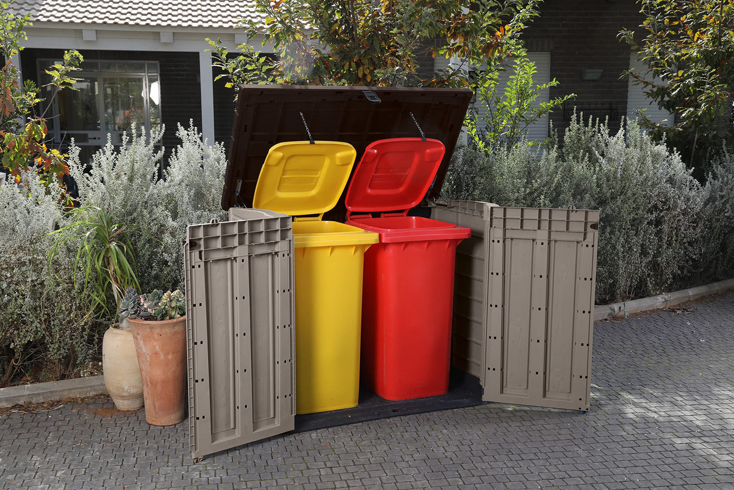 Keter Store It Out Pro Outdoor Garden Furniture Storage Shed Beige with Brown Lid Fade Free All Weather Resistant Safe and Secure Zero Maintenance 5 year Warranty